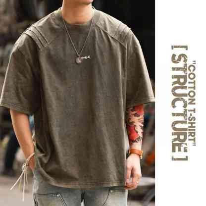 美式復古鯊魚腮設計短袖T恤男225g成服染色做舊硬漢上衣