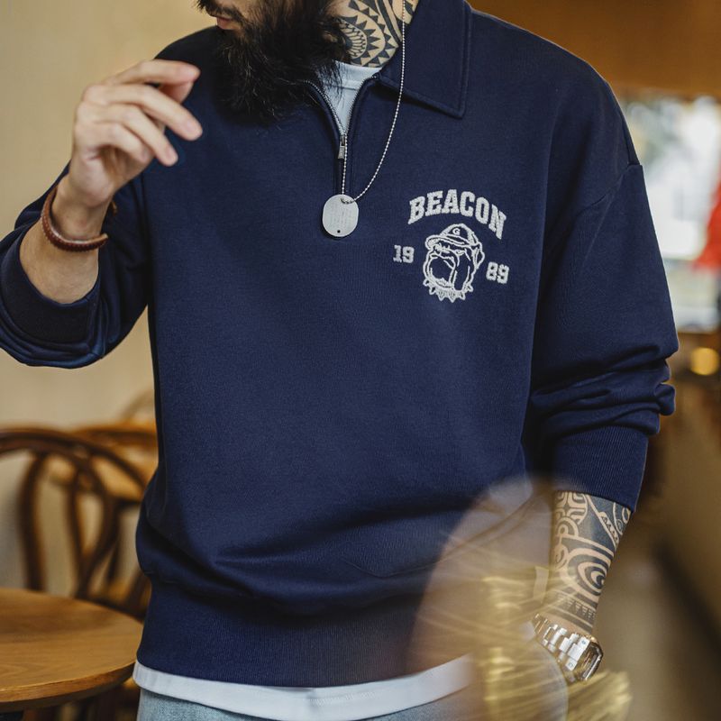 美式復古立體刺繡半開襟衛衣休閒翻領套頭polo衫上衣男春