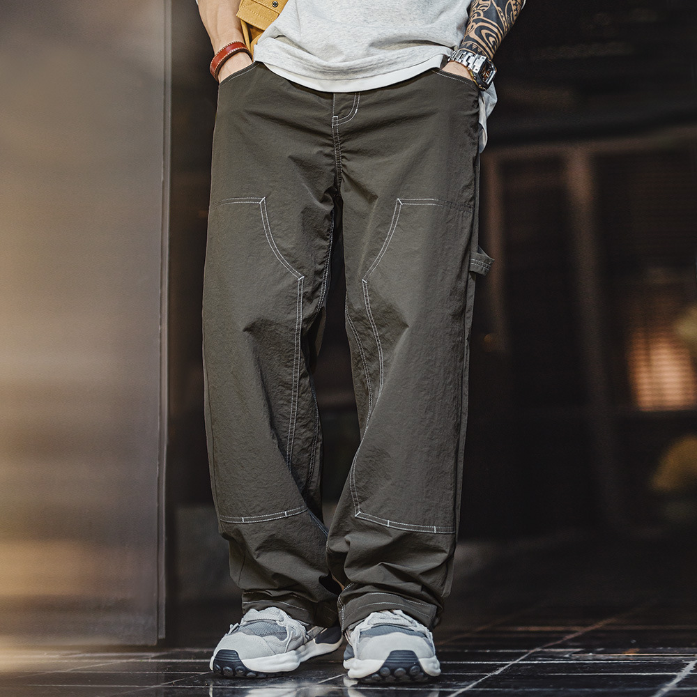 輕美式休閒雙膝伐木褲肌理感薄款垂感軍綠色長褲子男夏秋