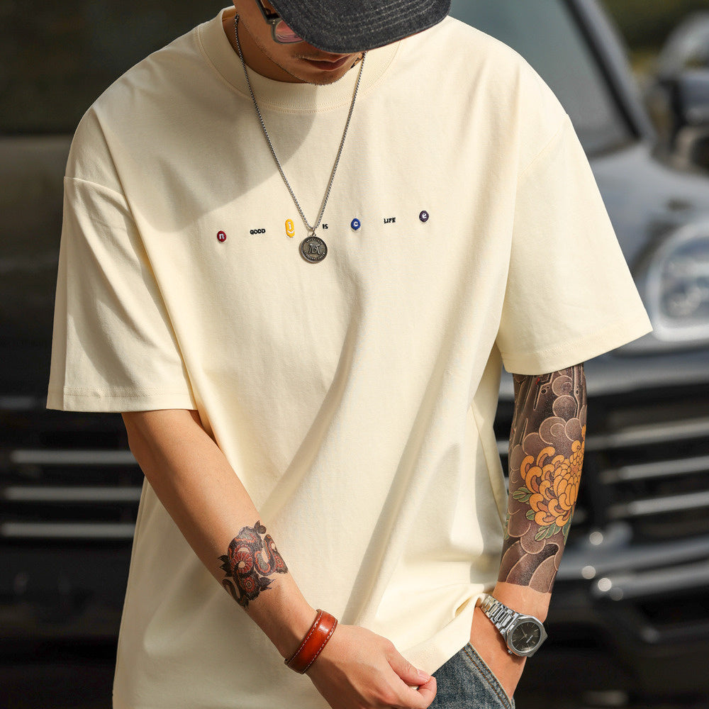 美式休閒刺繡短袖T恤男寬鬆簡約圓領親膚落肩袖打底TEE