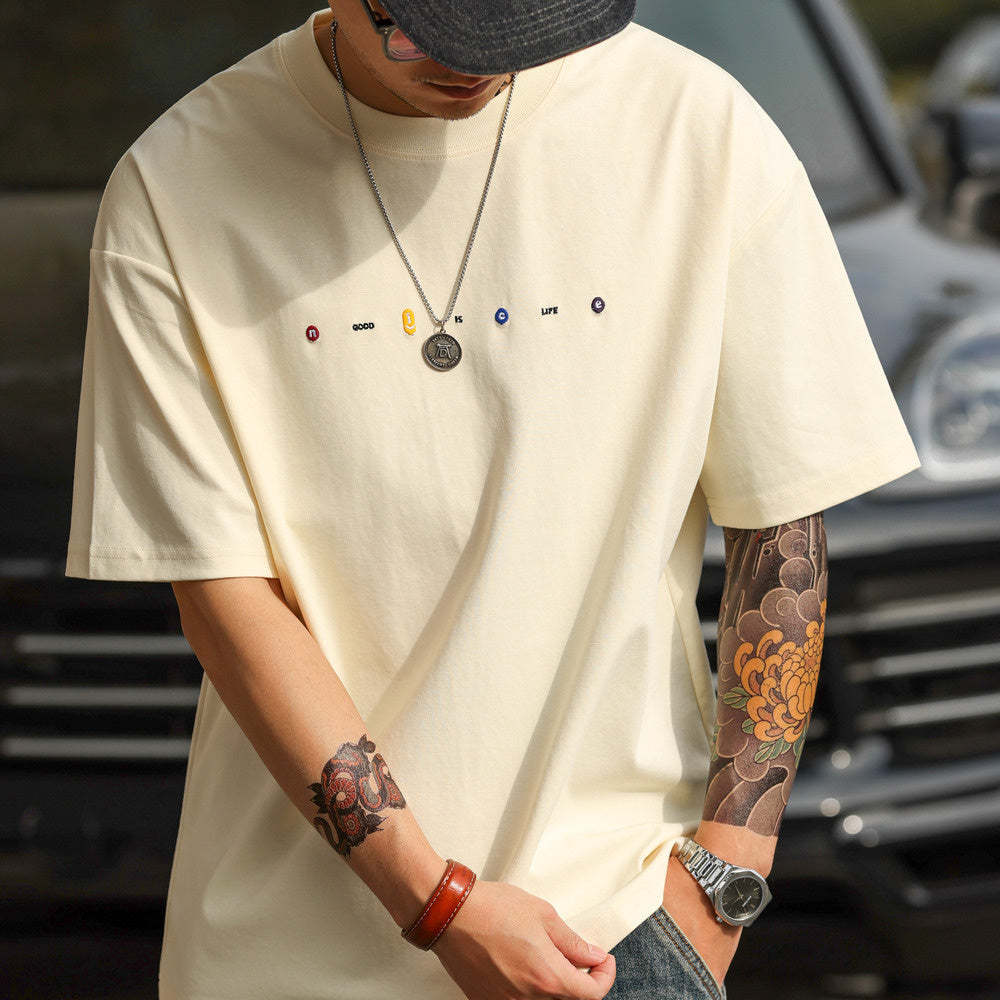 美式休閒刺繡短袖T恤男寬鬆簡約圓領親膚落肩袖打底TEE