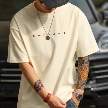 美式休閒刺繡短袖T恤男寬鬆簡約圓領親膚落肩袖打底TEE