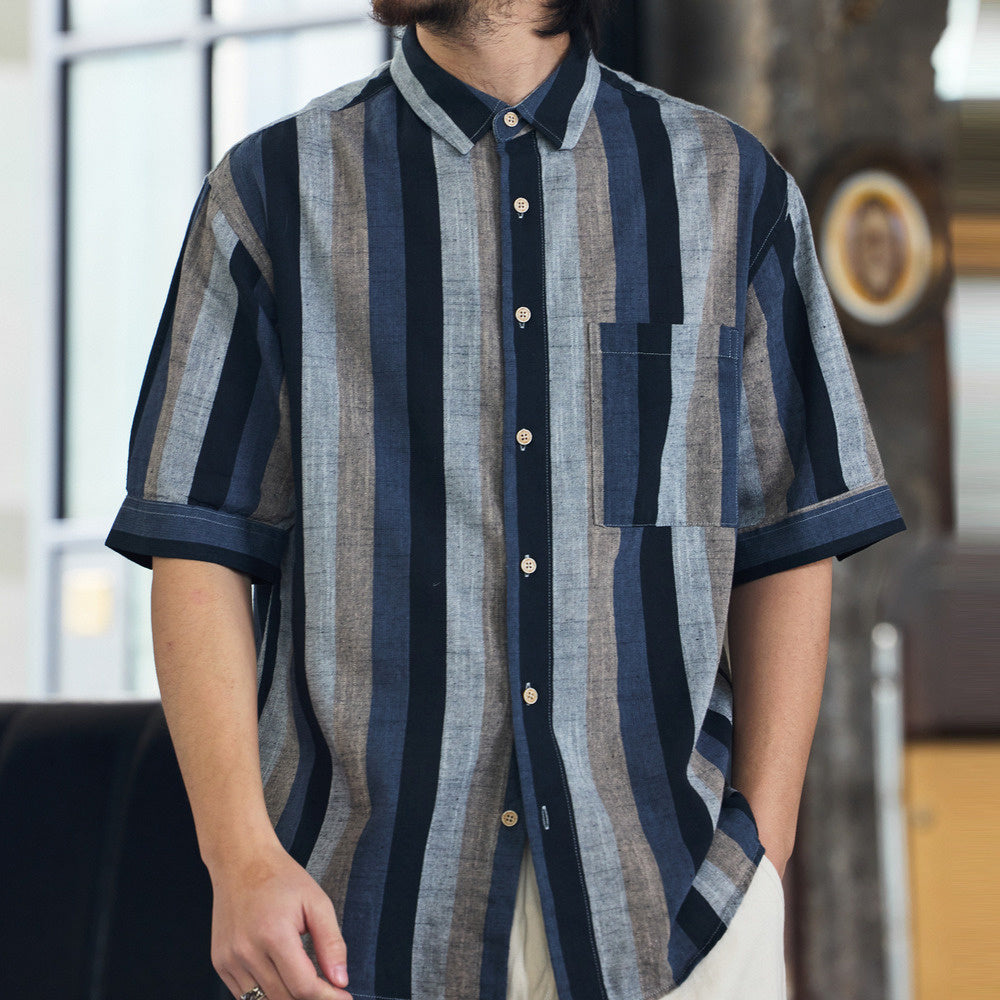 日系復古150g麻感短袖襯衫男民族風撞色條紋半袖襯衣夏