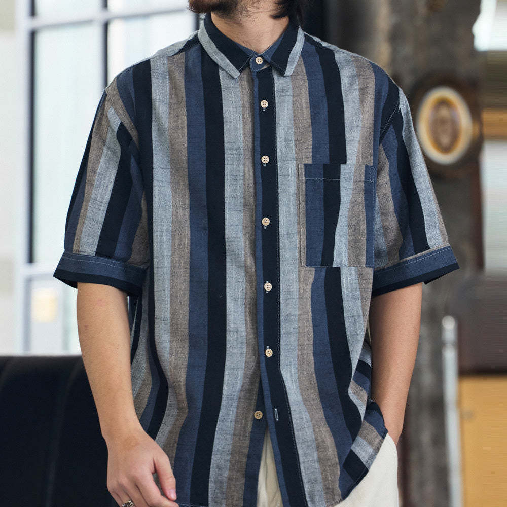 日系復古150g麻感短袖襯衫男民族風撞色條紋半袖襯衣夏