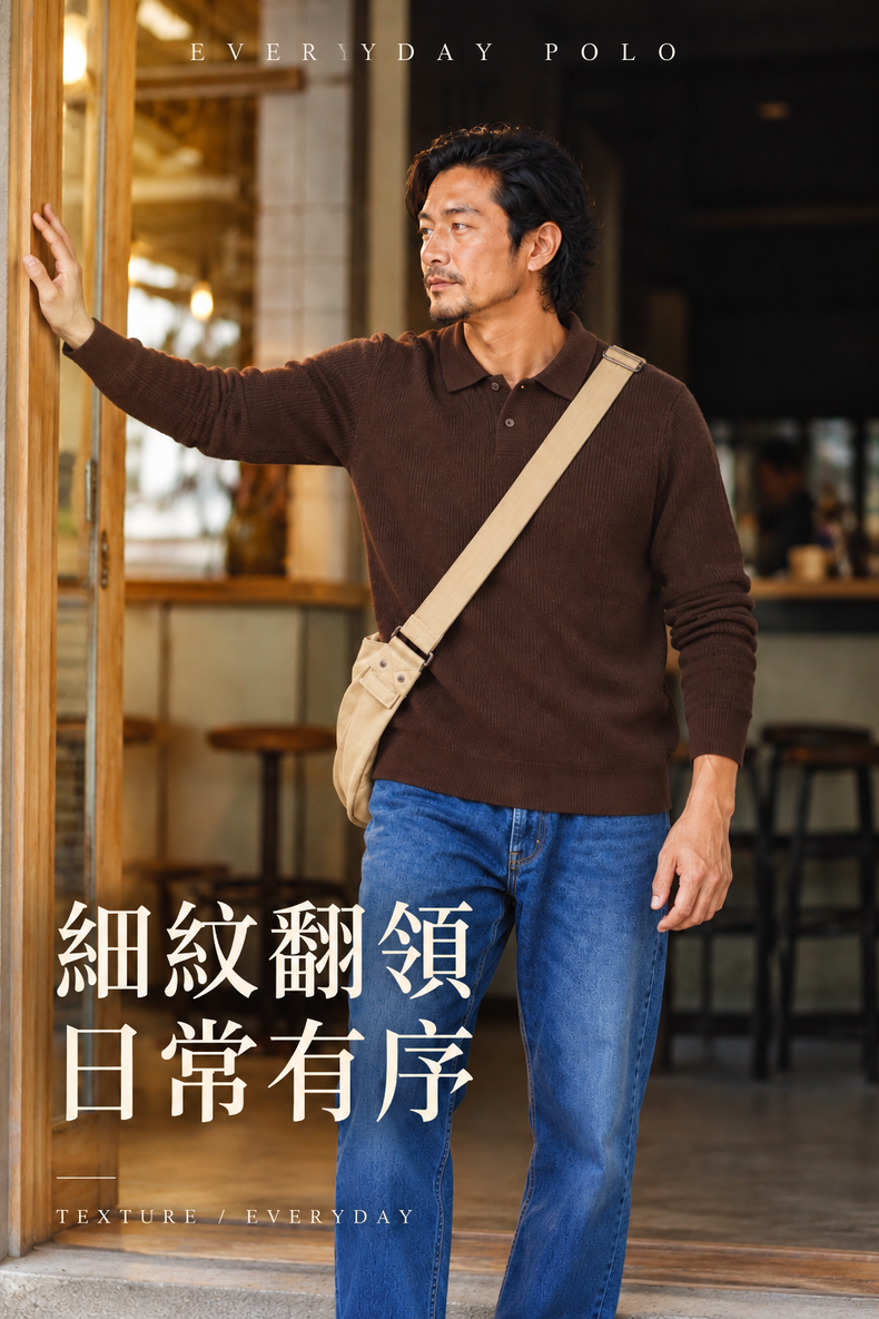 細紋雙扣翻領針織長袖上衣 · 02-hero