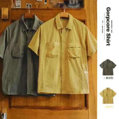 山系戶外短袖襯衫速幹黃色肌理感薄款日系口袋襯衣男款夏