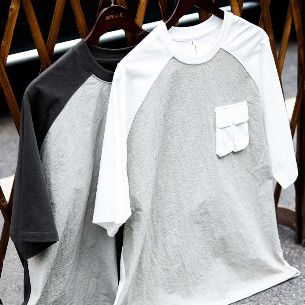 美式復古運動短袖T恤男寬鬆cityboy風格戶外休閒拼接口袋TEE-Retro's Wear