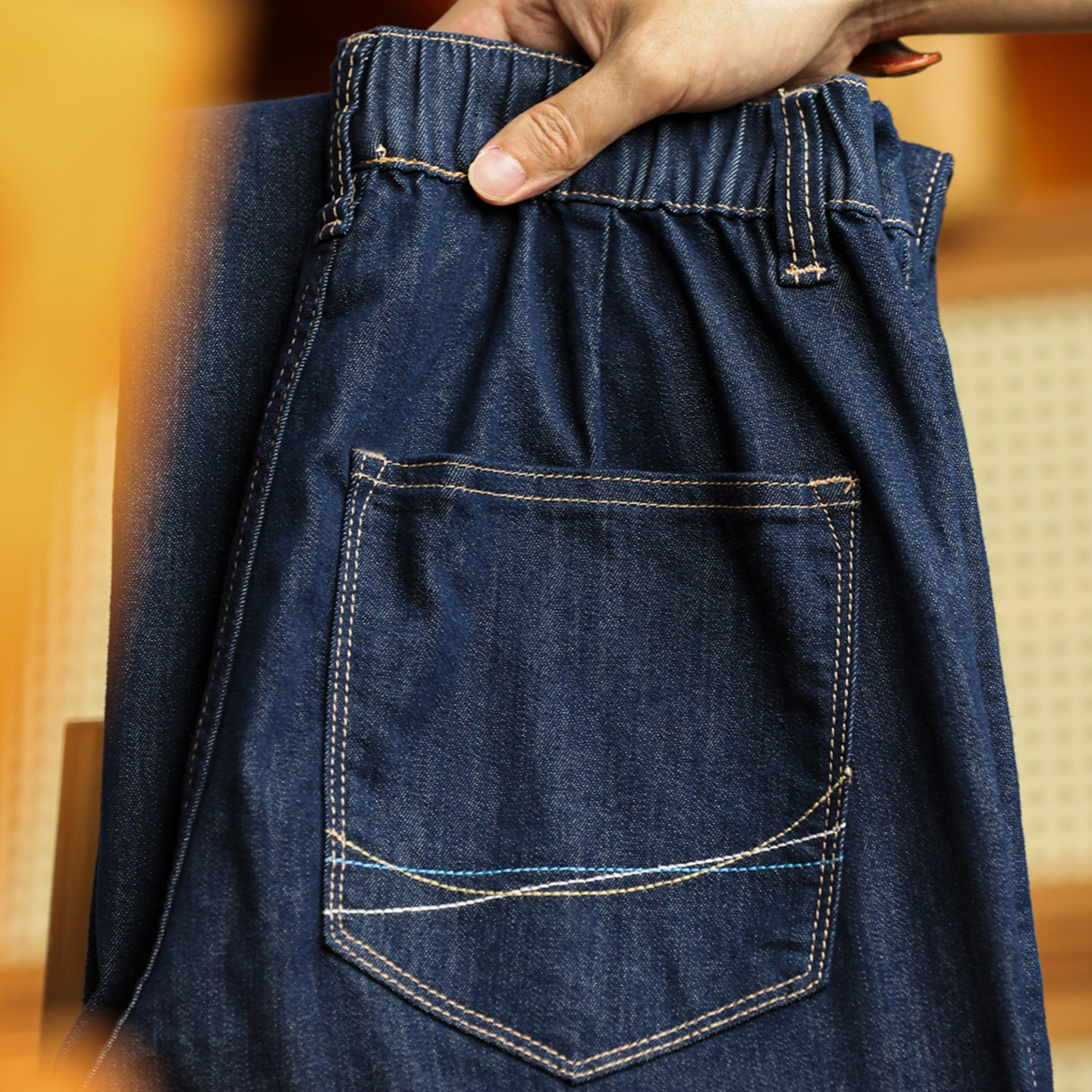 美式復古桑蠶絲原牛色牛仔褲男微彈薄款寬鬆直筒長褲夏