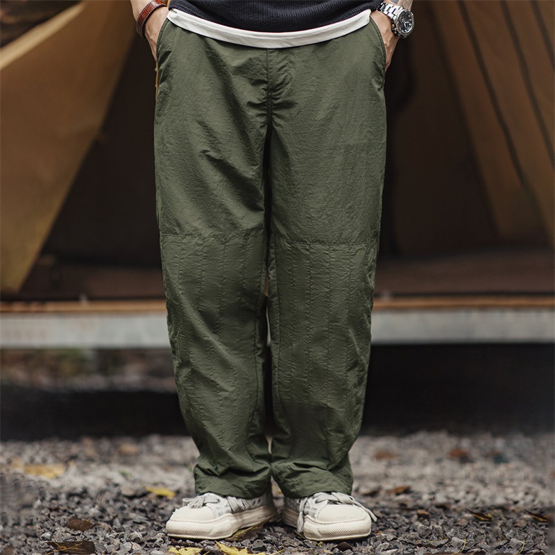 美式復古絎線褶皺雙膝褲薄款抽繩束脚軍綠直筒休閒褲男秋-Retro's Wear