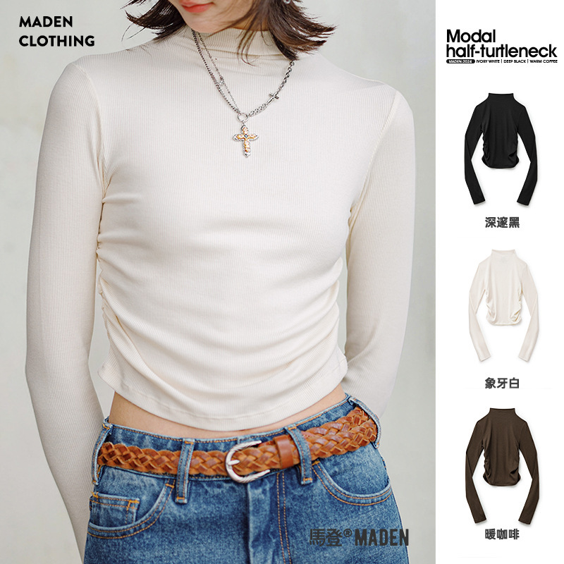 莫代爾半高領打底衫抽褶修身疊穿長袖T恤內搭外穿上衣秋季女-Retro's Wear