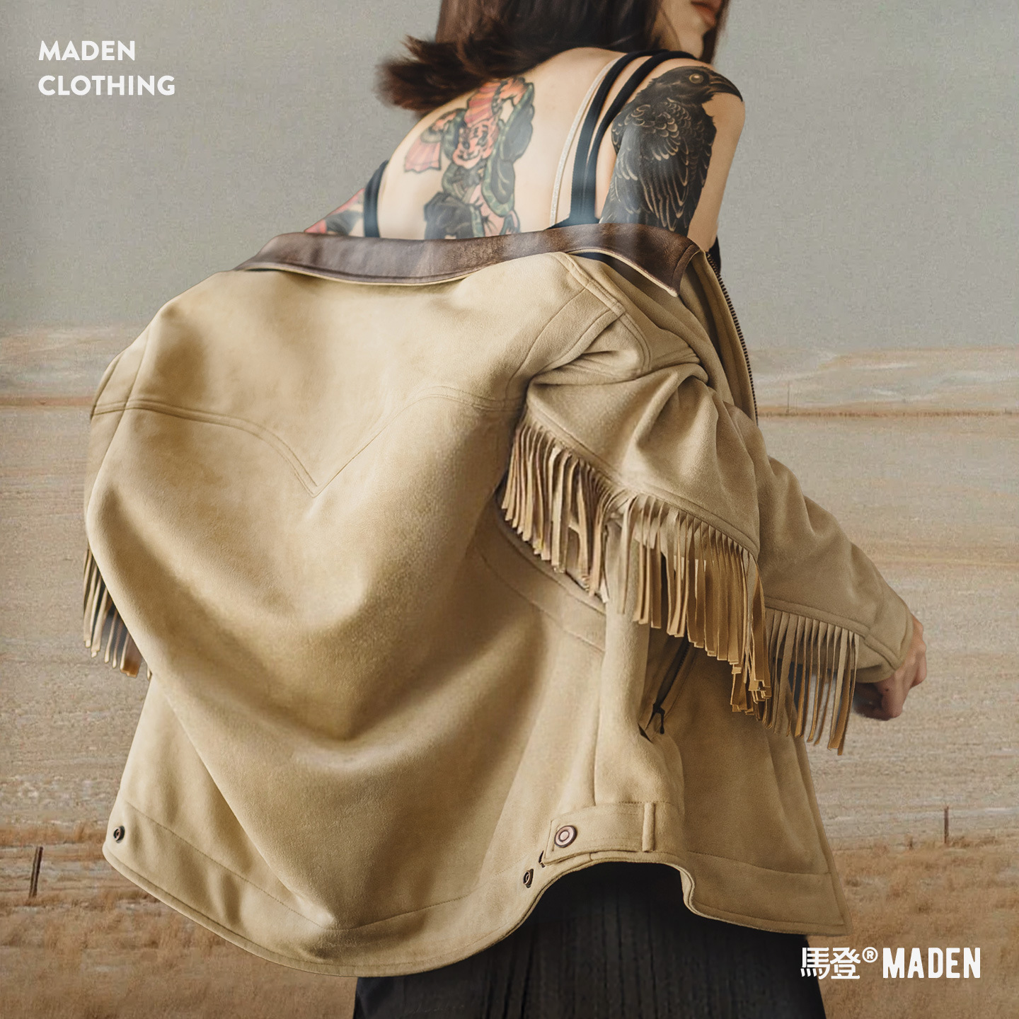 巴恩風卡其撞色翻領絨面麂皮流蘇底特律工裝夾克外套女士秋冬