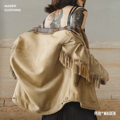 巴恩風卡其撞色翻領絨面麂皮流蘇底特律工裝夾克外套女士秋冬