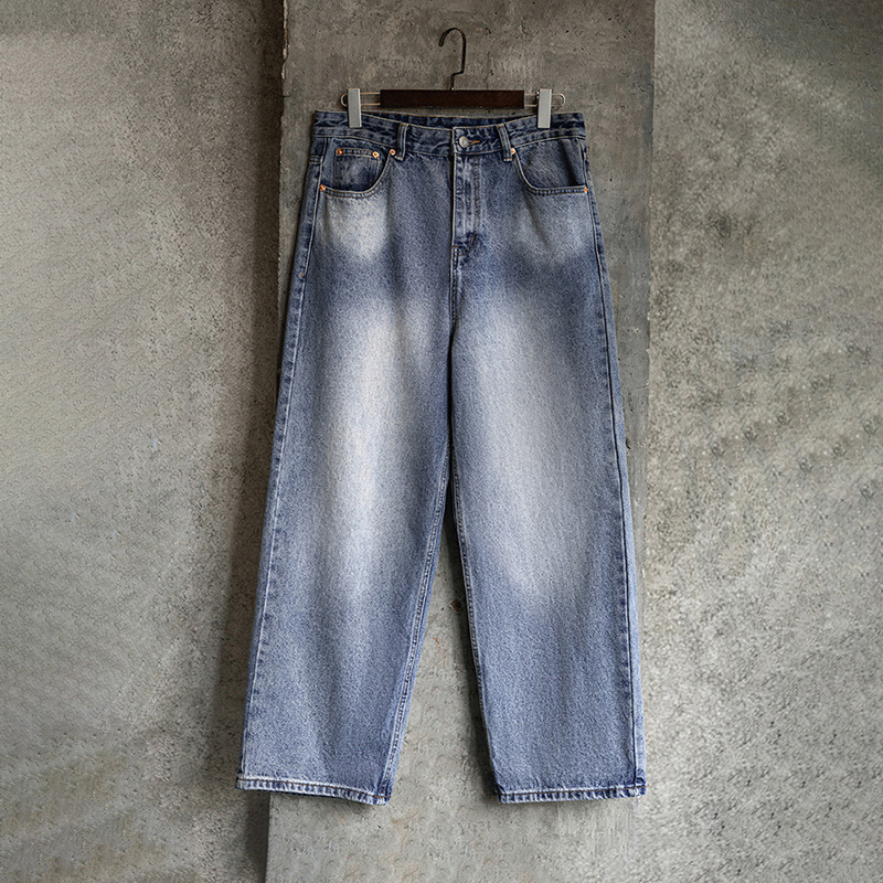 MRA復古水洗丹寧牛仔褲寬鬆直筒闊腿褲休閒長褲子男士春季