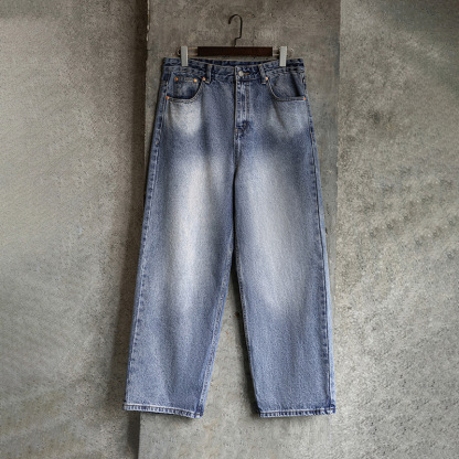 MRA復古水洗丹寧牛仔褲寬鬆直筒闊腿褲休閒長褲子男士春季