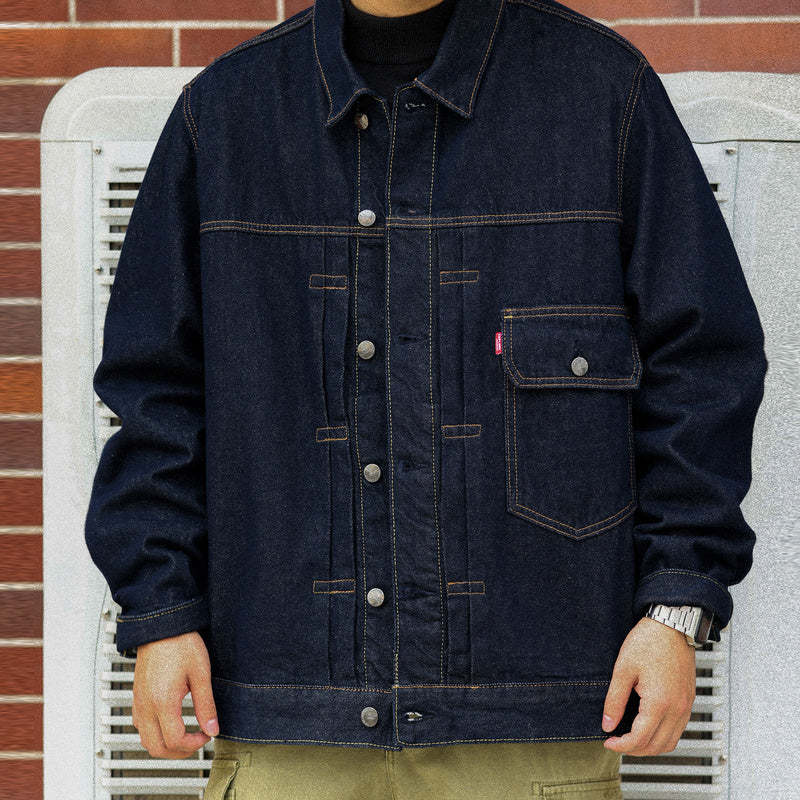 日系復古風暴騎士牛仔夾克男深藍色阿美哢嘰翻領輯明線外套-Retro's Wear