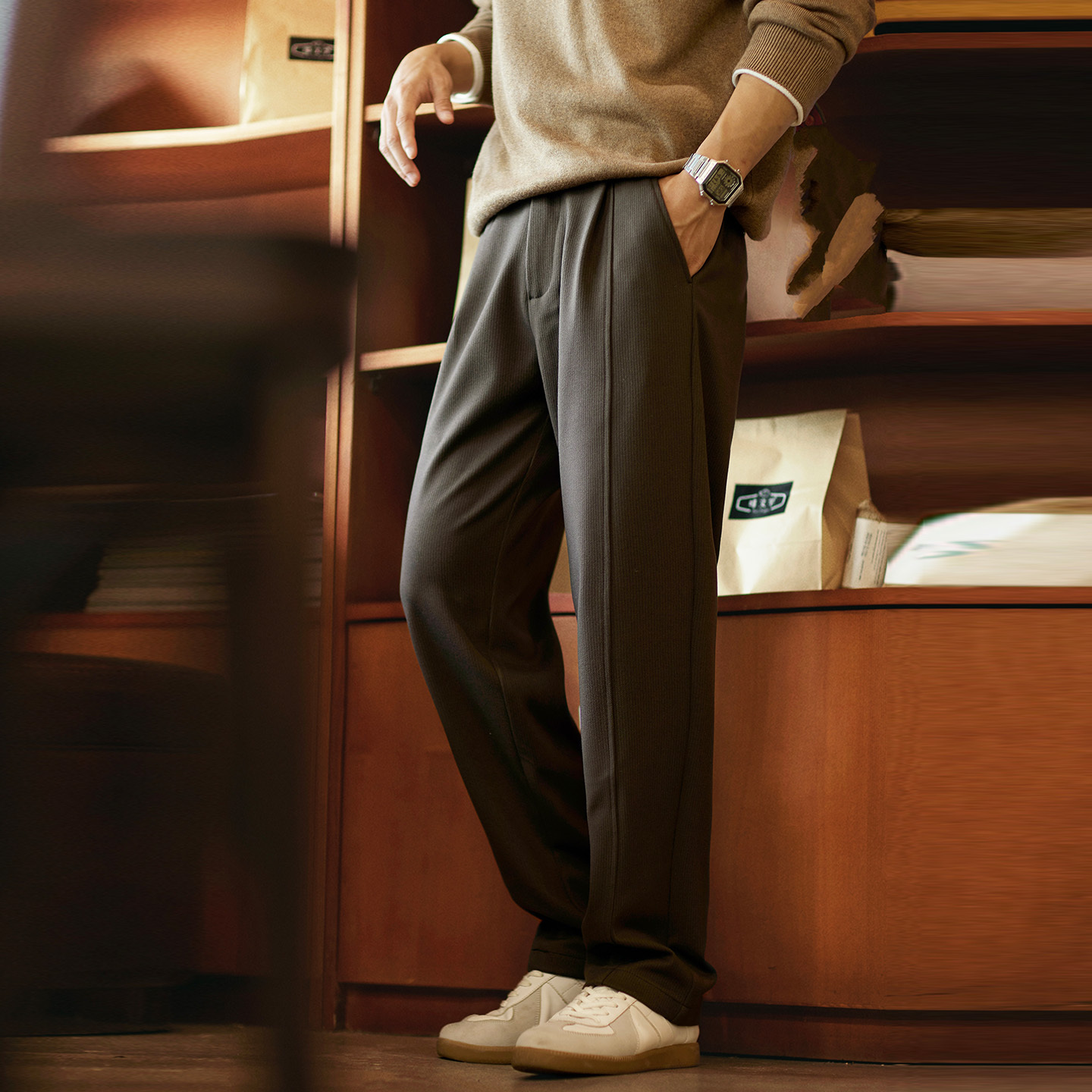 430g秋冬毛呢通勤小直筒休閒褲男2025新款冬季百搭彈力保暖長褲