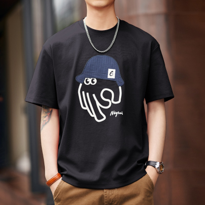 日系復古黑科技立體印花短袖T恤男士夏季寬鬆休閒圓領上衣