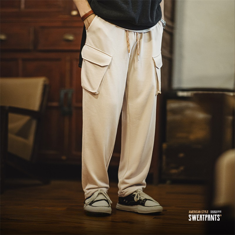 美式復古多口袋直筒衛褲鬆緊腰抽繩束脚運動休閒褲子男秋-Retro's Wear