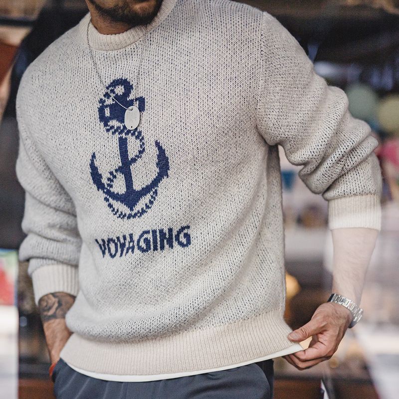 美式復古針織船錨提花毛衣vintage套頭圓領打底衫男秋冬-Retro's Wear
