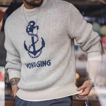 美式復古針織船錨提花毛衣vintage套頭圓領打底衫男秋冬-Retro's Wear