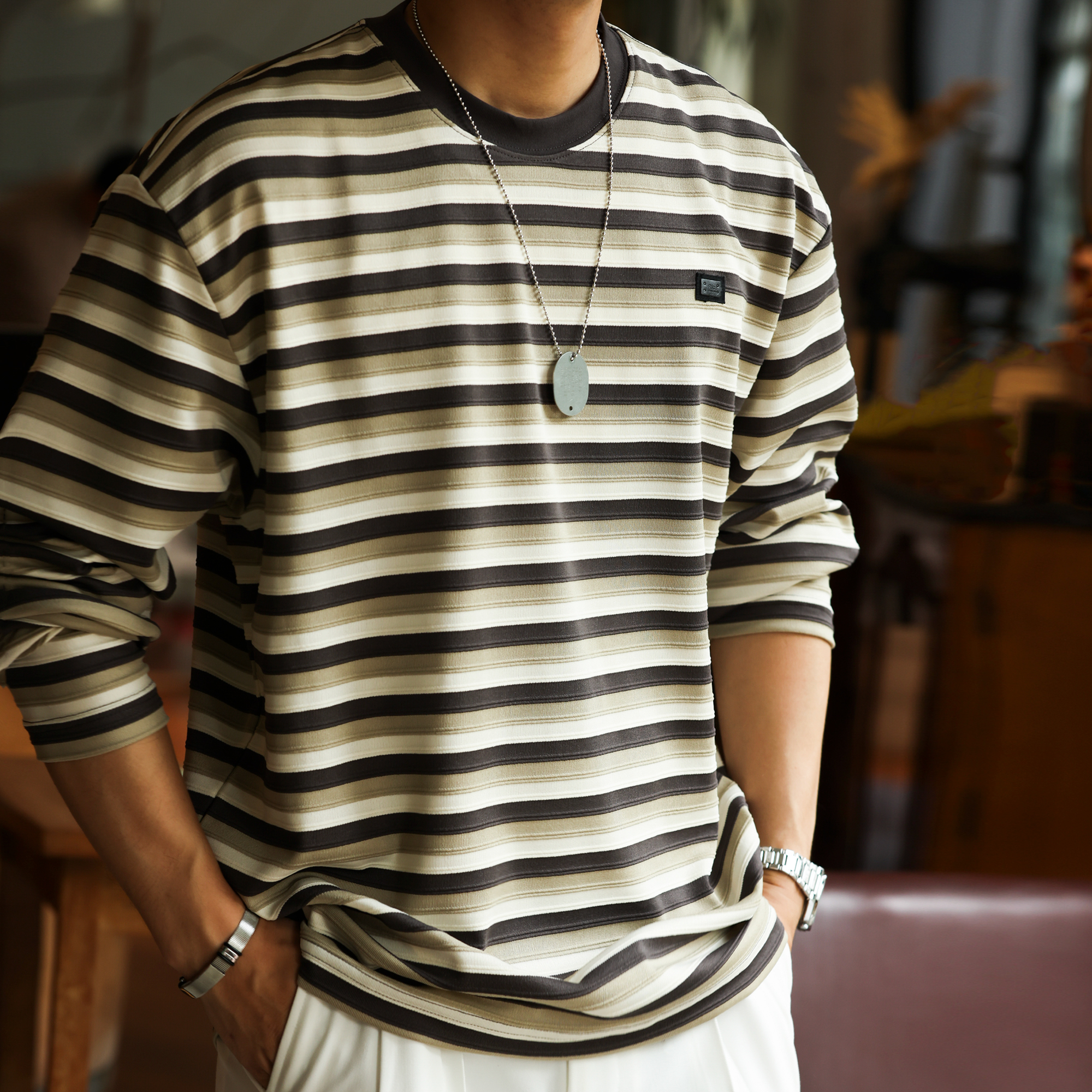 美式復古凹凸立體肌理長袖T恤男280g撞色條紋針織TEE秋