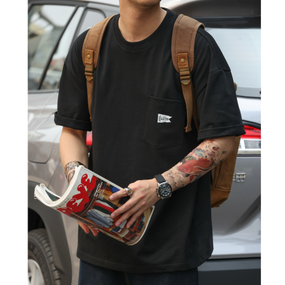 美式復古280g重磅短袖T恤男口袋設計純棉休閒半袖打底衫