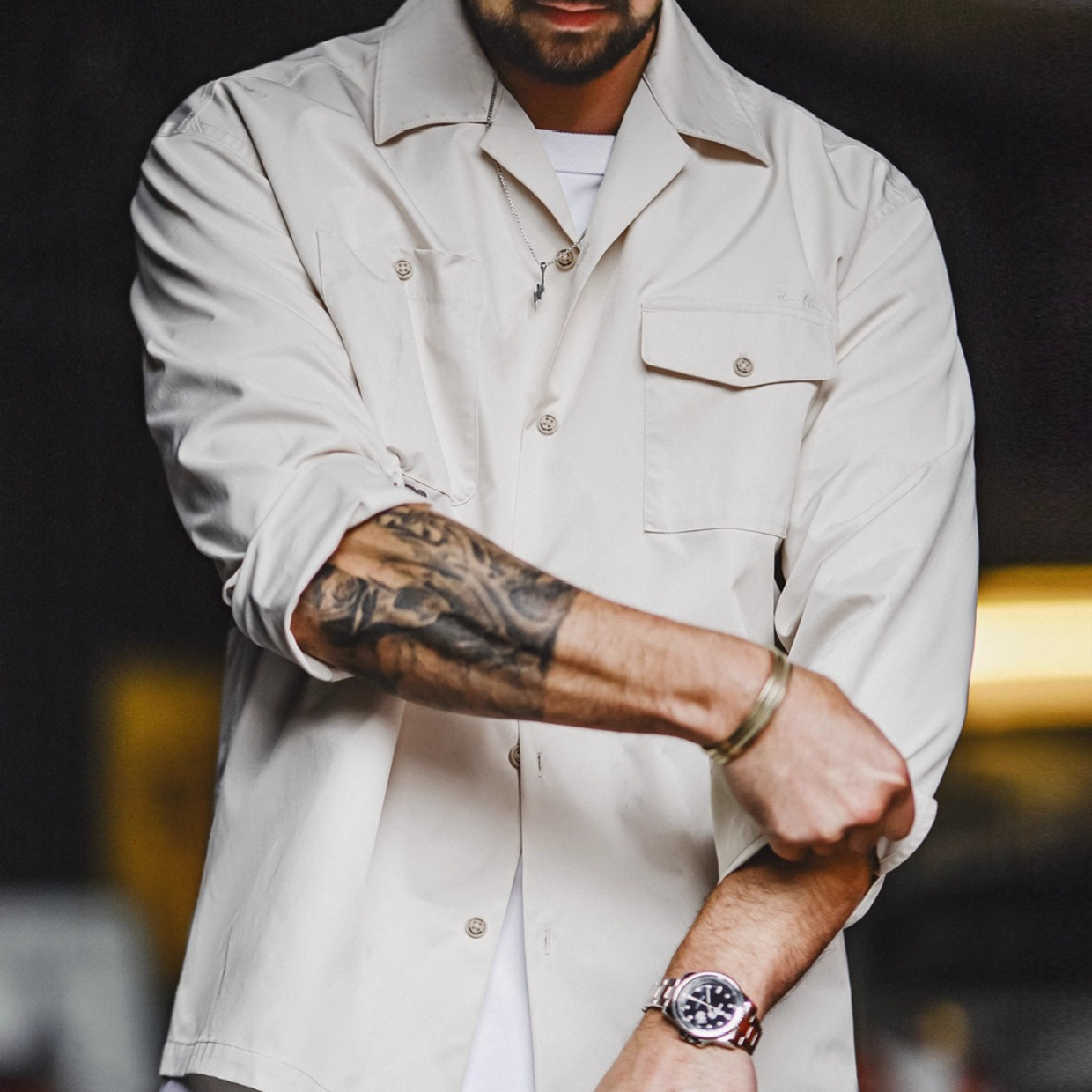 美式復古印花古巴領襯衫長袖寬鬆白色廓形襯衣外套男夏秋