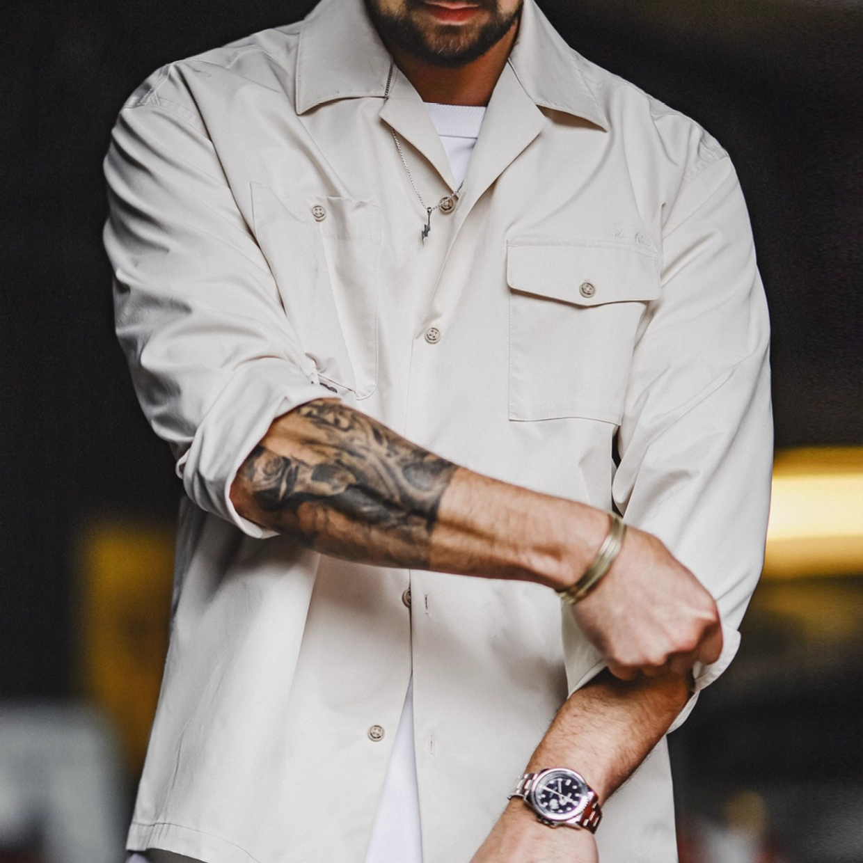 美式復古印花古巴領襯衫長袖寬鬆白色廓形襯衣外套男夏秋