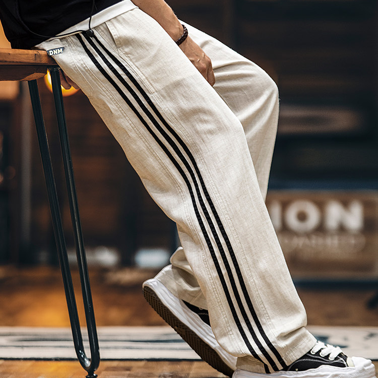 萊賽爾亞麻薄款休閒褲男夏季新款美式條紋男士垂感直筒長褲子