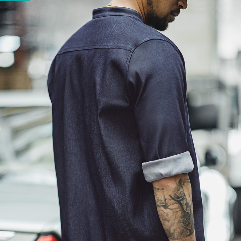 美式復古凉感冰絲牛仔襯衫水洗圓領休閒長袖襯衣外套男秋-Retro's Wear