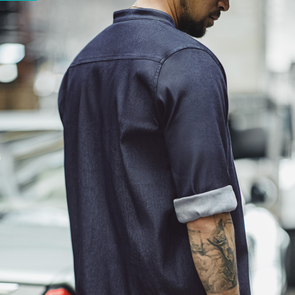 美式復古凉感冰絲牛仔襯衫水洗圓領休閒長袖襯衣外套男秋-Retro's Wear