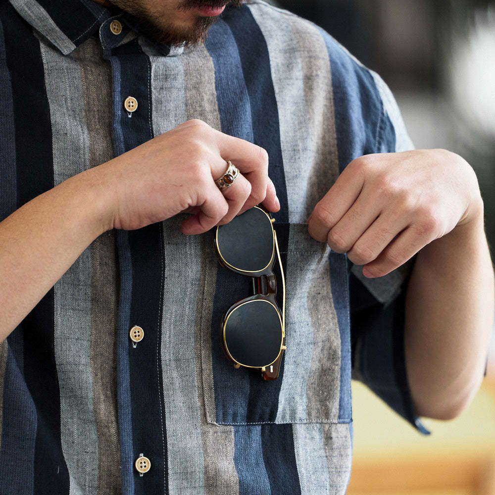 日系復古150g麻感短袖襯衫男民族風撞色條紋半袖襯衣夏