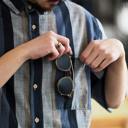 日系復古150g麻感短袖襯衫男民族風撞色條紋半袖襯衣夏