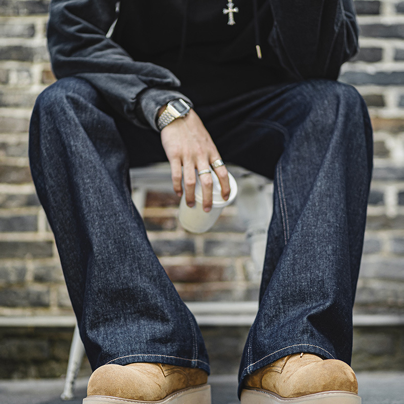 MRA美式復古重磅原牛色直筒牛仔褲闊腿寬鬆垂感深藍牛男夏秋