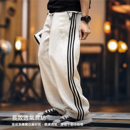 萊賽爾亞麻薄款休閒褲男夏季新款美式條紋男士垂感直筒長褲子
