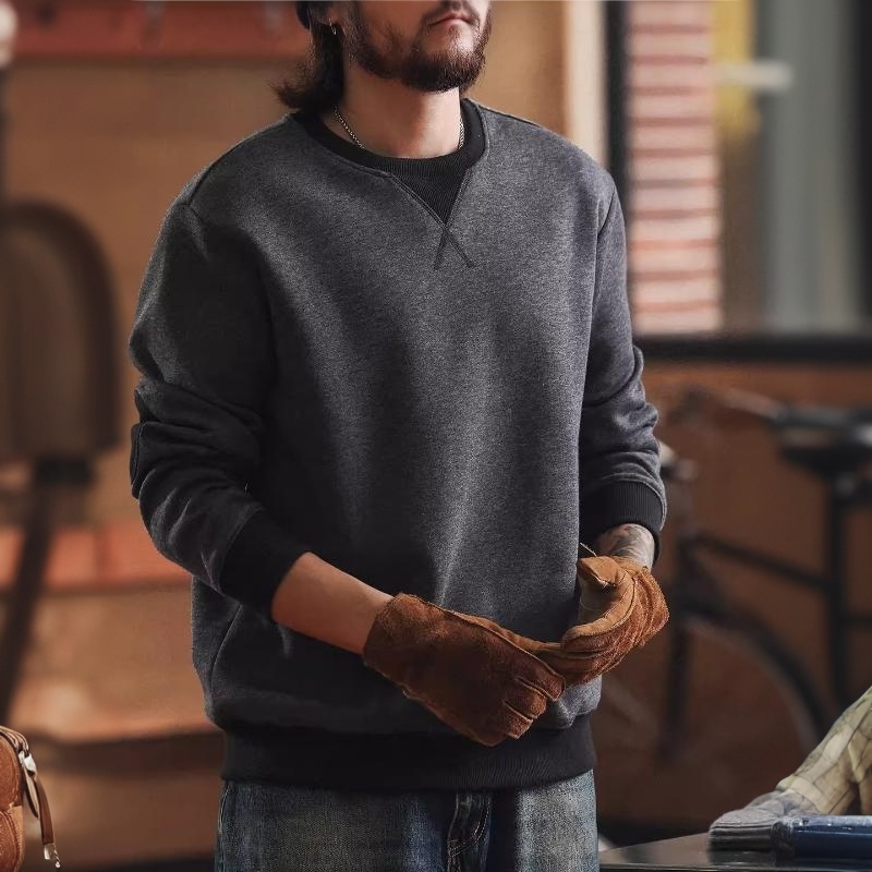 美式復古復古撞色圓領衛衣男2025秋冬加絨寬鬆休閒打底上衣