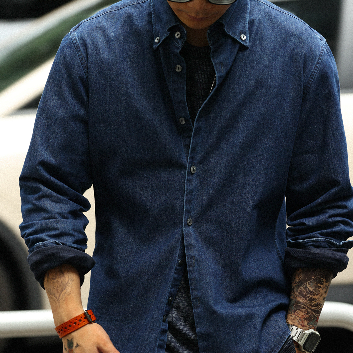 美式紐扣領復古原牛色長袖外搭襯衣外套男