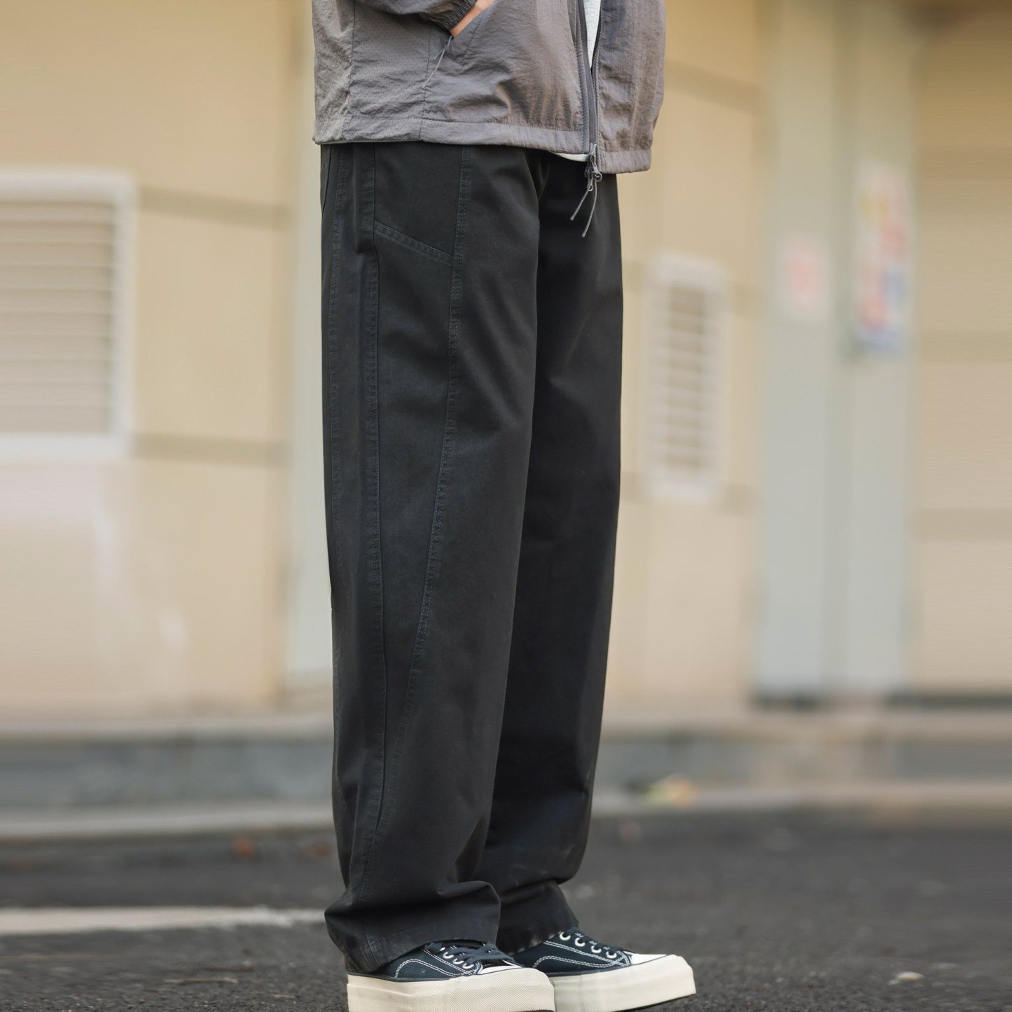 日系重磅純棉水洗直筒休閒褲男330g拼接設計感寬鬆長褲