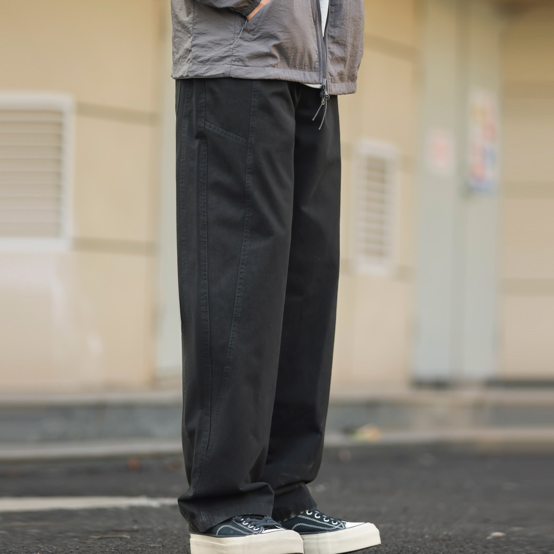 日系重磅純棉水洗直筒休閒褲男330g拼接設計感寬鬆長褲