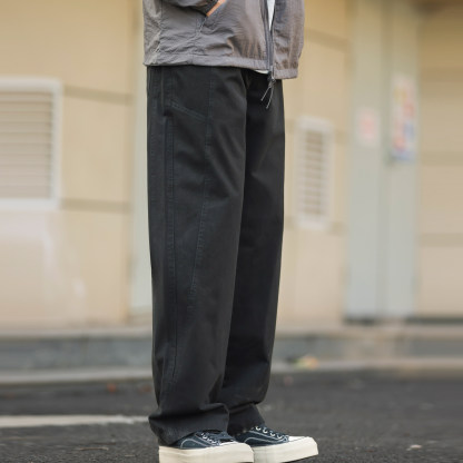 日系重磅純棉水洗直筒休閒褲男330g拼接設計感寬鬆長褲