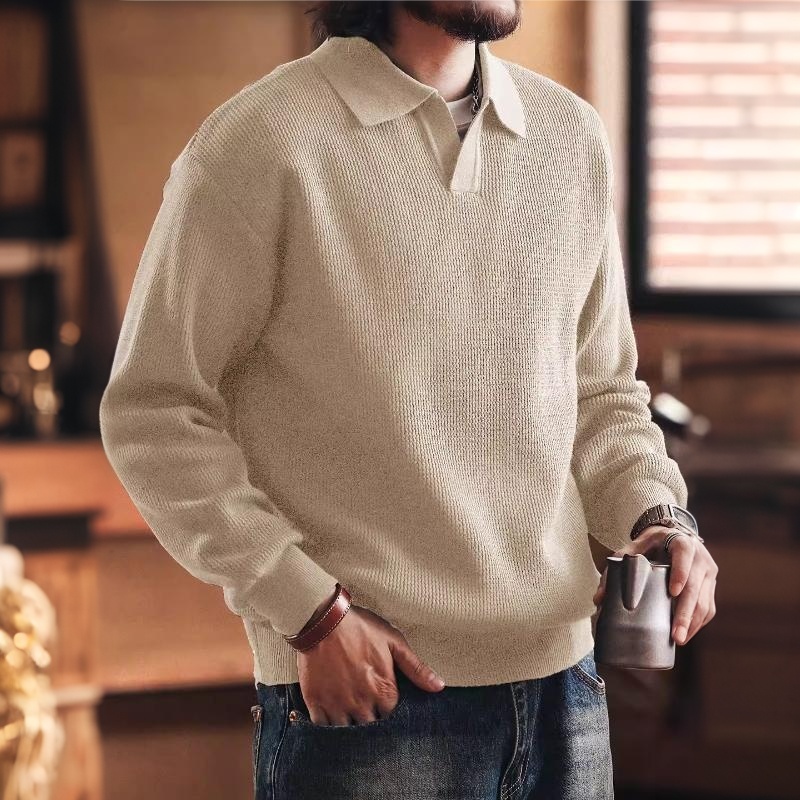 美式復古老錢風海鷗領毛衣男秋冬款寬鬆潮牌保暖POLO針織衫