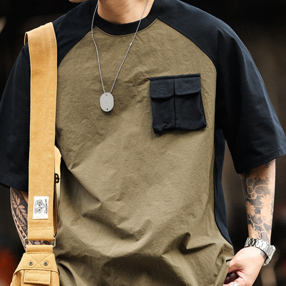 美式復古運動短袖T恤男寬鬆cityboy風格戶外休閒拼接口袋TEE-Retro's Wear