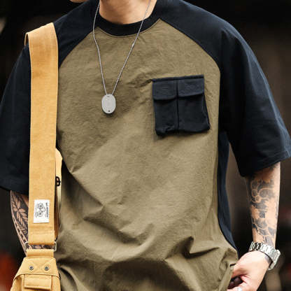 美式復古運動短袖T恤男寬鬆cityboy風格戶外休閒拼接口袋TEE-Retro's Wear