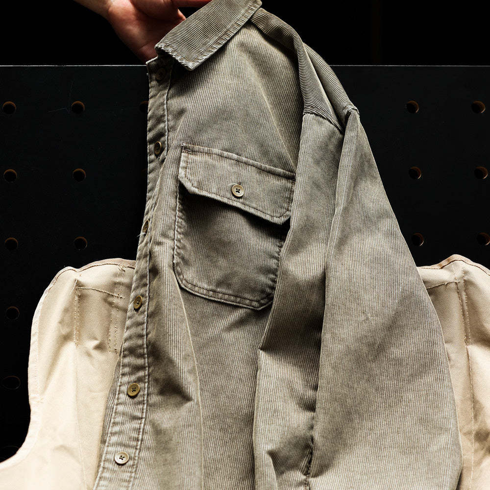 美式休閒水洗長袖燈芯絨襯衣男疊穿外搭16坑條絨肌理感襯衫-Retro's Wear