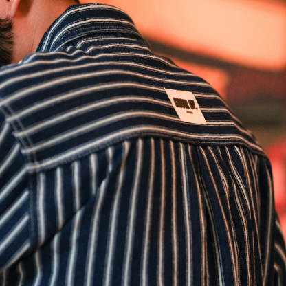 美式復古豎條紋襯衫男微寬長袖口袋戶外休閒牛仔襯衣外套-Retro's Wear