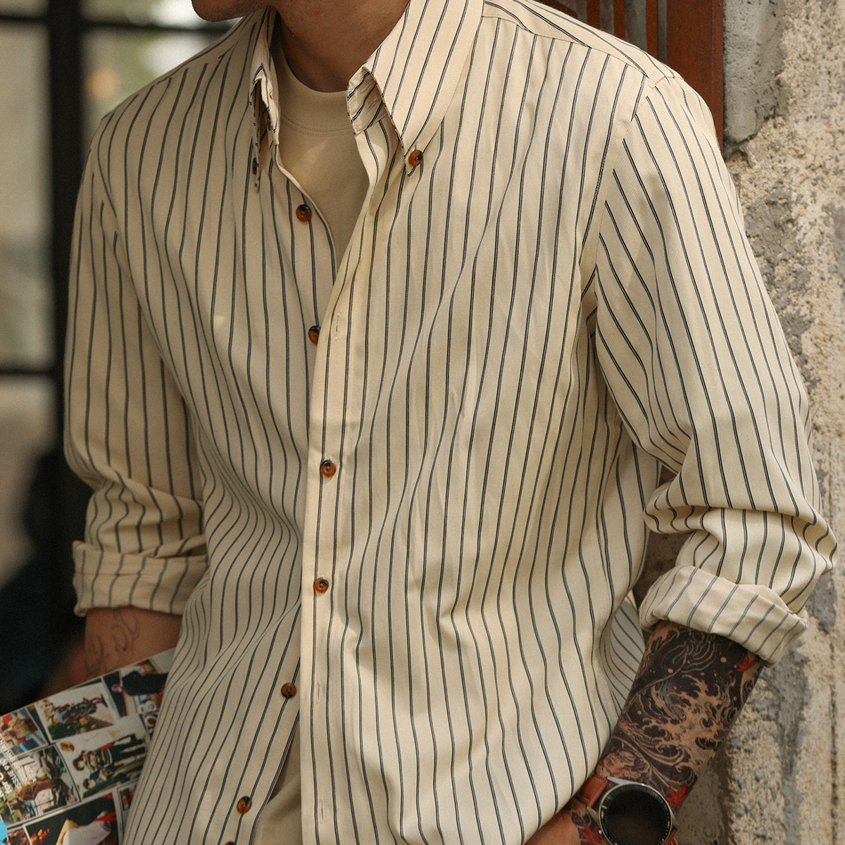 美式復古薄款咖色條紋襯衫男修身通勤休閒長袖襯衣外套
