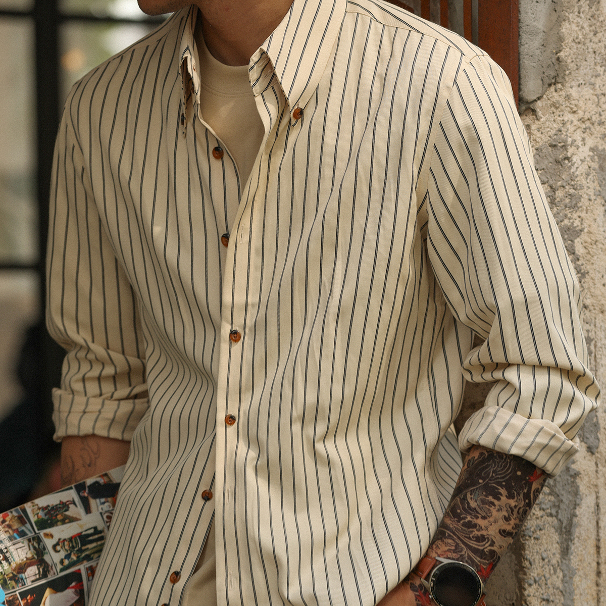 美式復古薄款咖色條紋襯衫男修身通勤休閒長袖襯衣外套