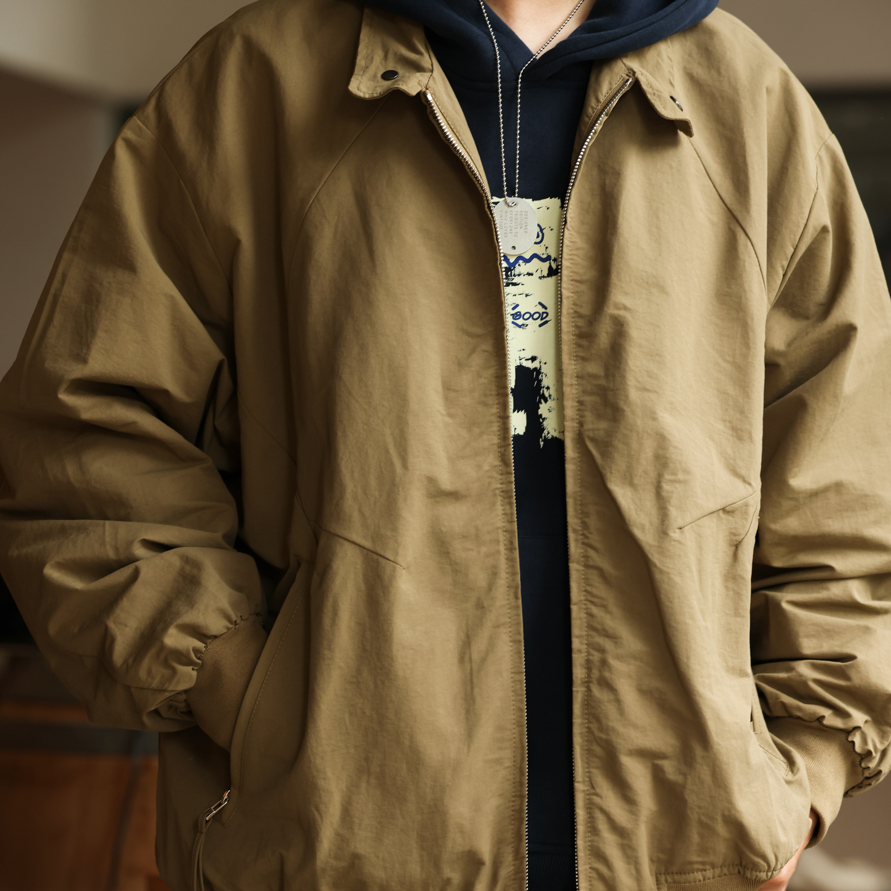 美式復古防風立領工裝夾克男卡其戶外通勤拉鍊口袋外套