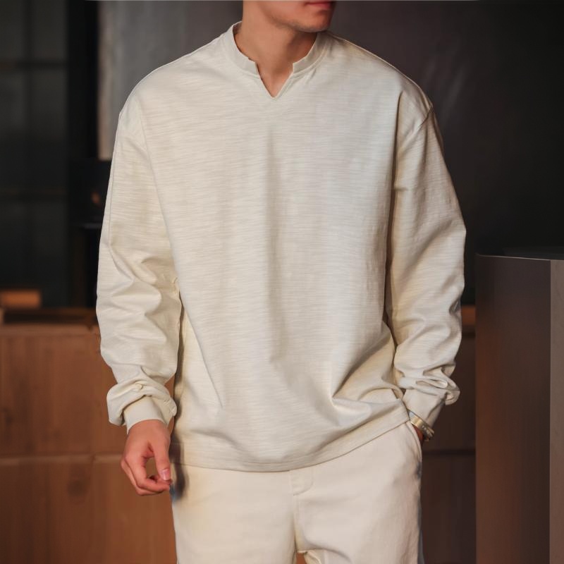 美式休閒竹節紗小V領長袖T恤男寬鬆簡約慵懶感打底衫春