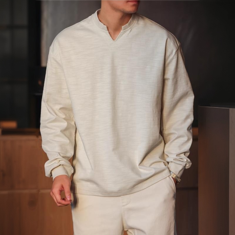 美式休閒竹節紗小V領長袖T恤男寬鬆簡約慵懶感打底衫春